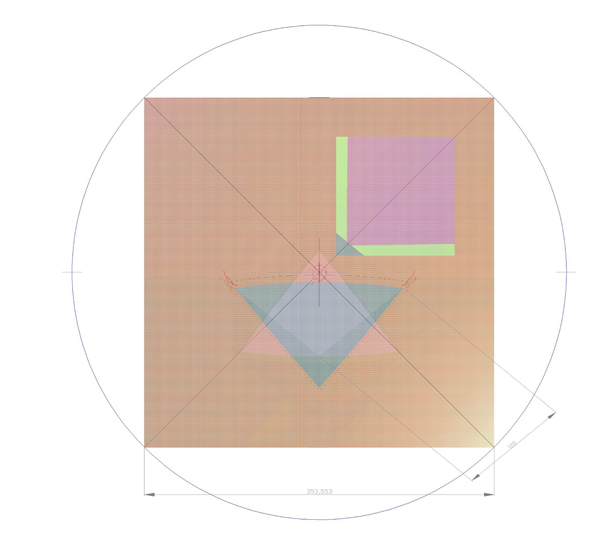 CAD Zeichnug Front zu 2te Entwicklung des Quadrates in Raum